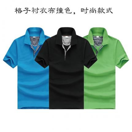 格子布撞色時尚T恤衫款式定制，男女款式